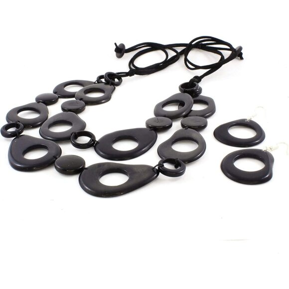 Bold Black Bib Necklace with Beaded Tagua Nut Cascades and Sliding Knot - Picture 1 of 7